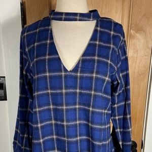 Axis Women's Plaid Blue Fringed Cut out Top Sz S NWT